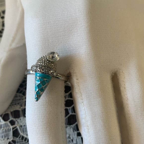 Ring ice cream cone turquoise blue enamel with crystals adjustable - Picture 3 of 7